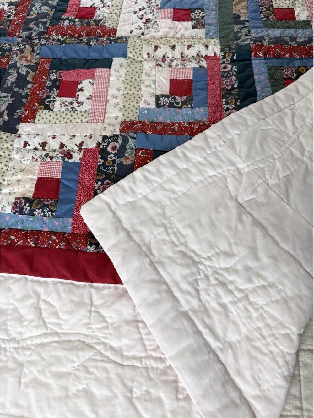 Vintage Log Cabin Quilt Wall Hanging Handmade Floral Patchwork 60x48 Cottagecore - Picture 7 of 9